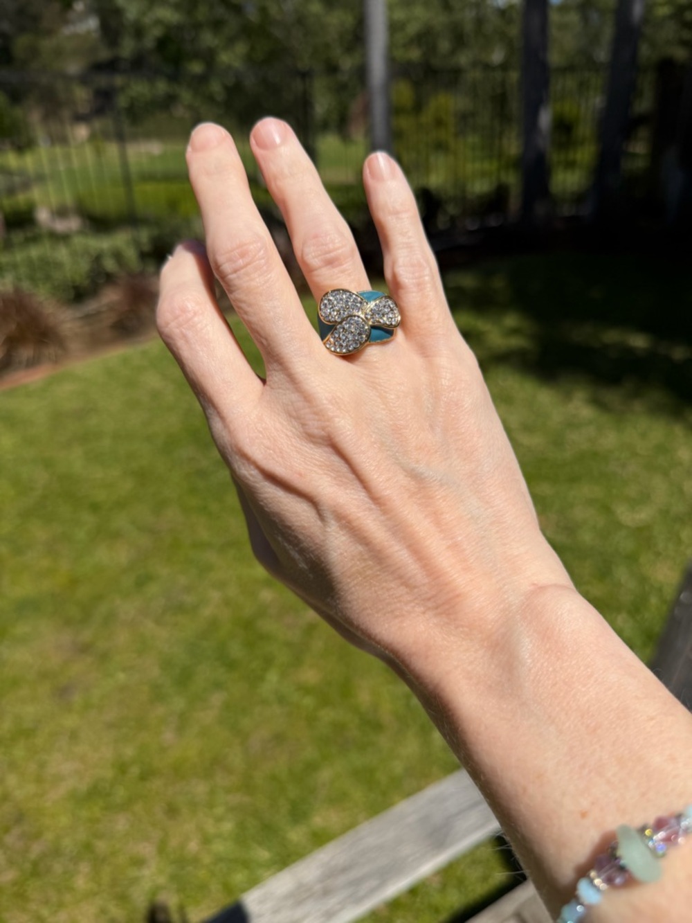 Crystal Flower Statement Ring in Turquoise and Gold Tone - Picture 6 of 6